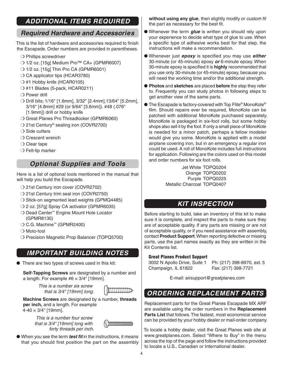 Optional supplies and tools, Kit inspection, Ordering replacement parts | Great Planes Escapade MX GP/EP ARF - GPMA1202 User Manual | Page 4 / 24