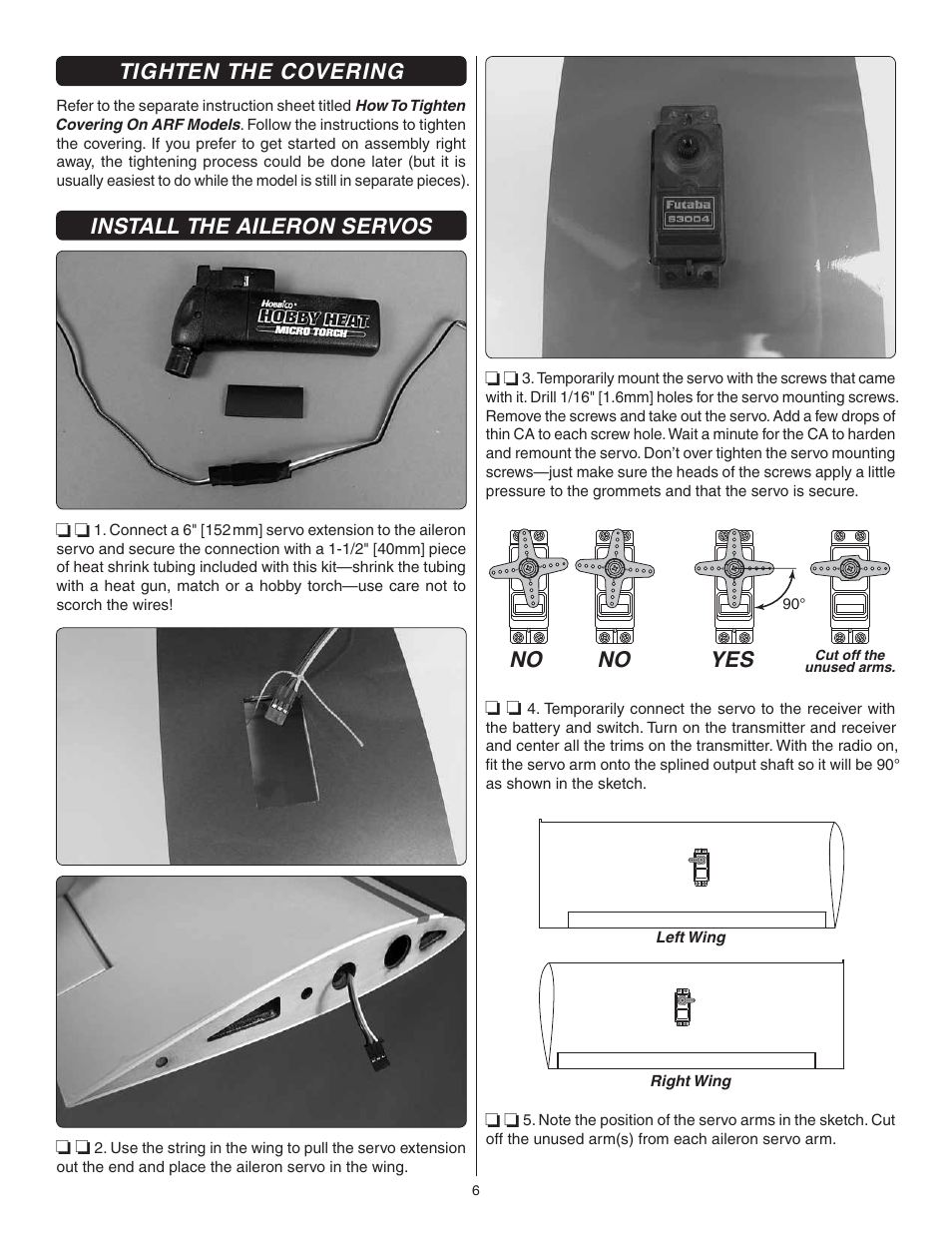 Tighten the covering, Install the aileron servos | Great Planes Escapade MX GP/EP ARF - GPMA1202 User Manual | Page 6 / 24