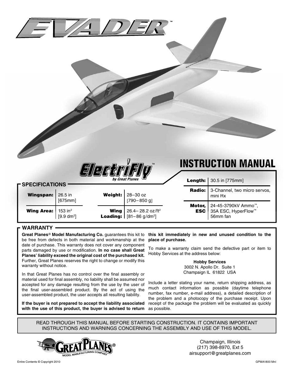 Great Planes Evader EDF Sport Jet EP ARF - GPMA1800 User Manual | 24 pages