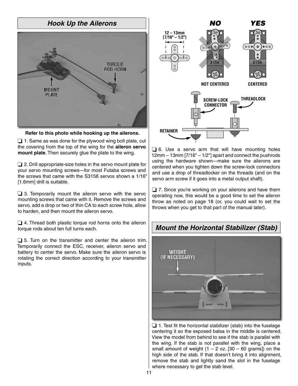Hook up the ailerons, Mount the horizontal stabilizer (stab) | Great Planes Evader EDF Sport Jet EP ARF - GPMA1800 User Manual | Page 11 / 24