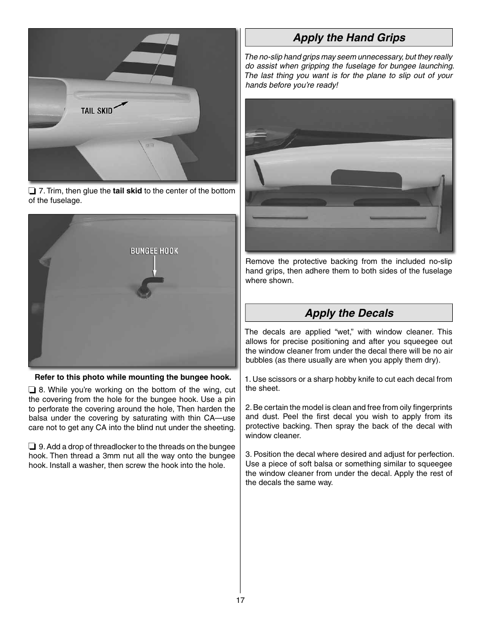 Apply the hand grips, Apply the decals | Great Planes Evader EDF Sport Jet EP ARF - GPMA1800 User Manual | Page 17 / 24