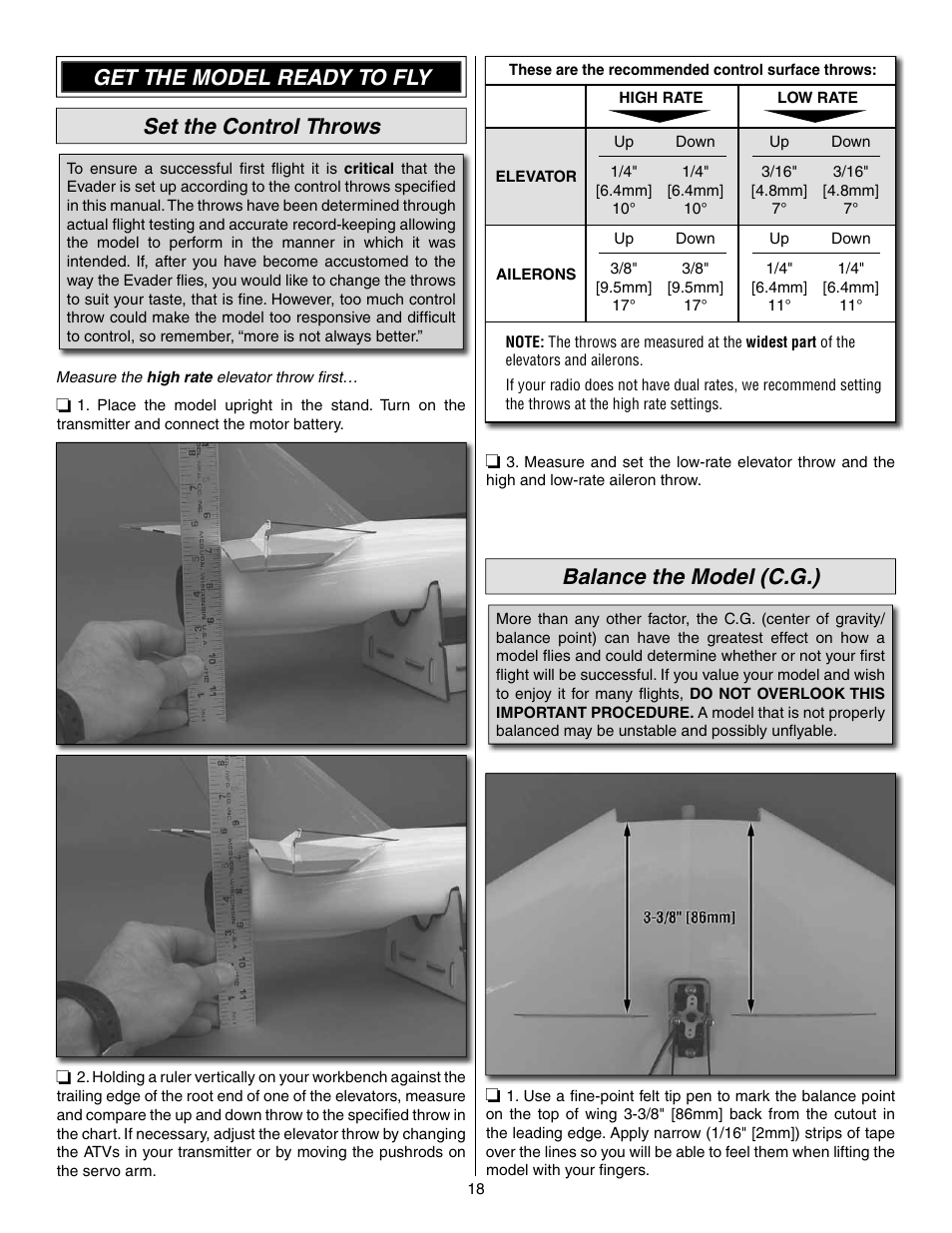 Get the model ready to fly set the control throws, Balance the model (c.g.) | Great Planes Evader EDF Sport Jet EP ARF - GPMA1800 User Manual | Page 18 / 24