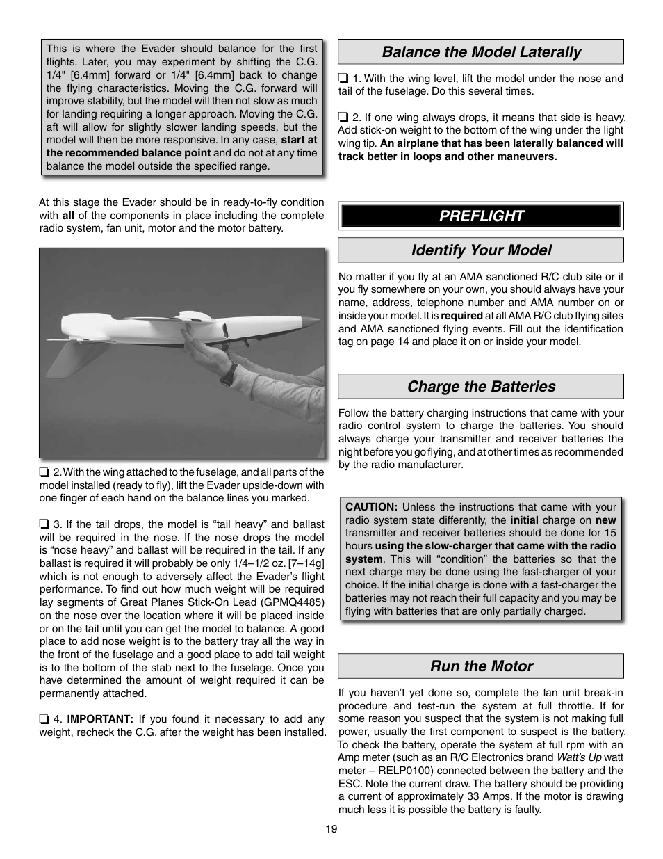 Balance the model laterally, Preflight identify your model, Charge the batteries | Run the motor | Great Planes Evader EDF Sport Jet EP ARF - GPMA1800 User Manual | Page 19 / 24