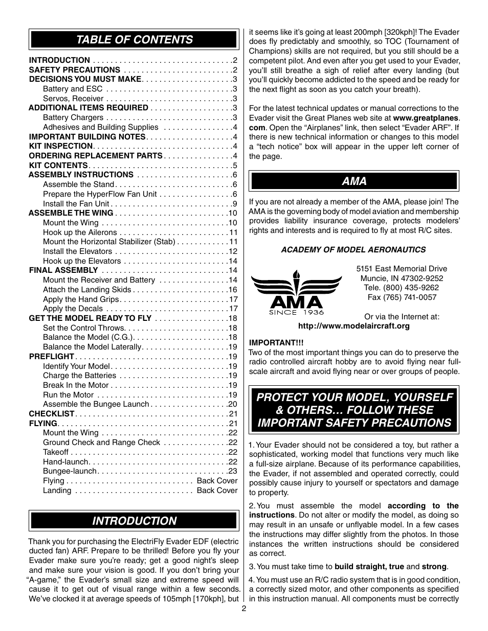 Great Planes Evader EDF Sport Jet EP ARF - GPMA1800 User Manual | Page 2 / 24