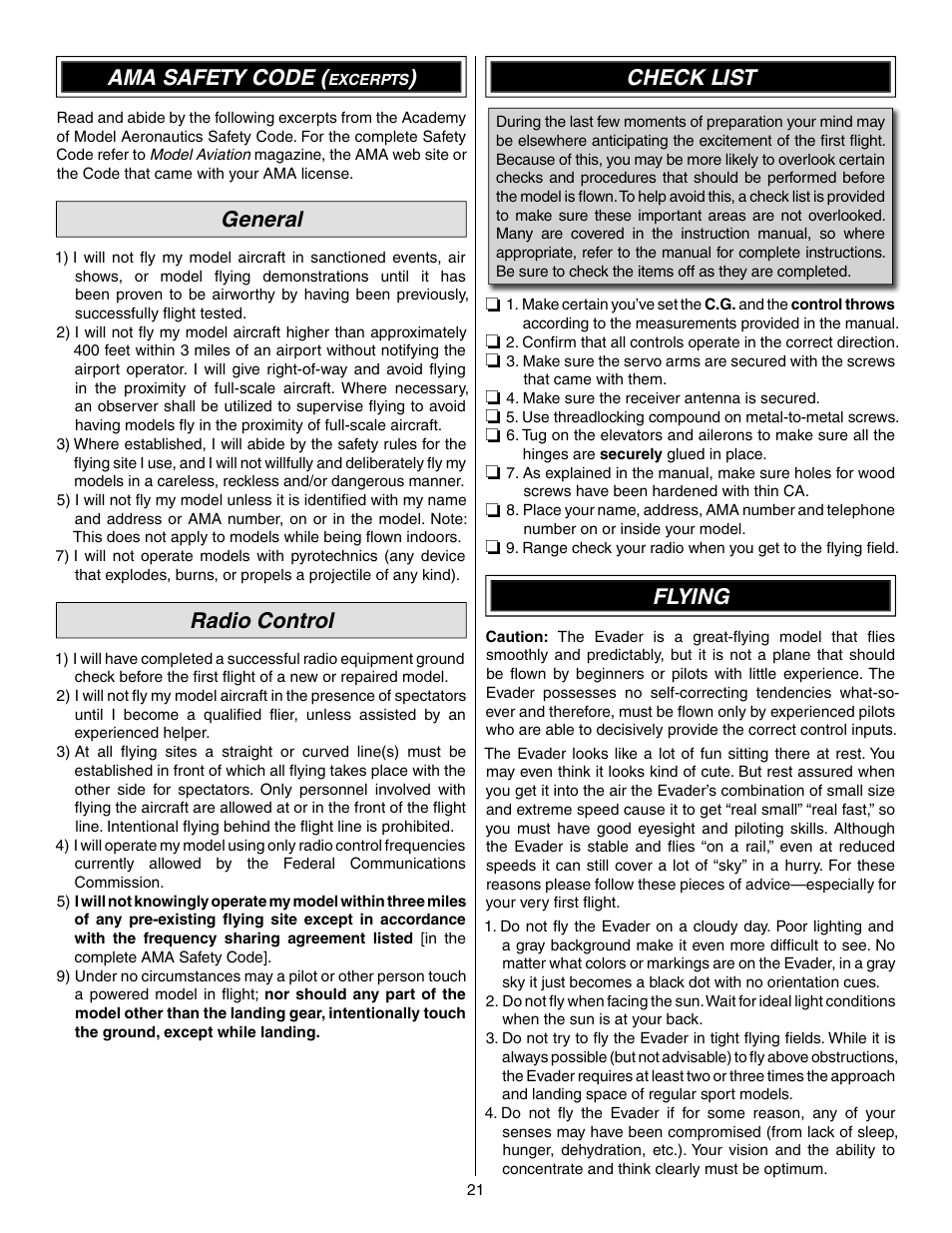 Ama safety code, General, Radio control | Check list, Flying | Great Planes Evader EDF Sport Jet EP ARF - GPMA1800 User Manual | Page 21 / 24
