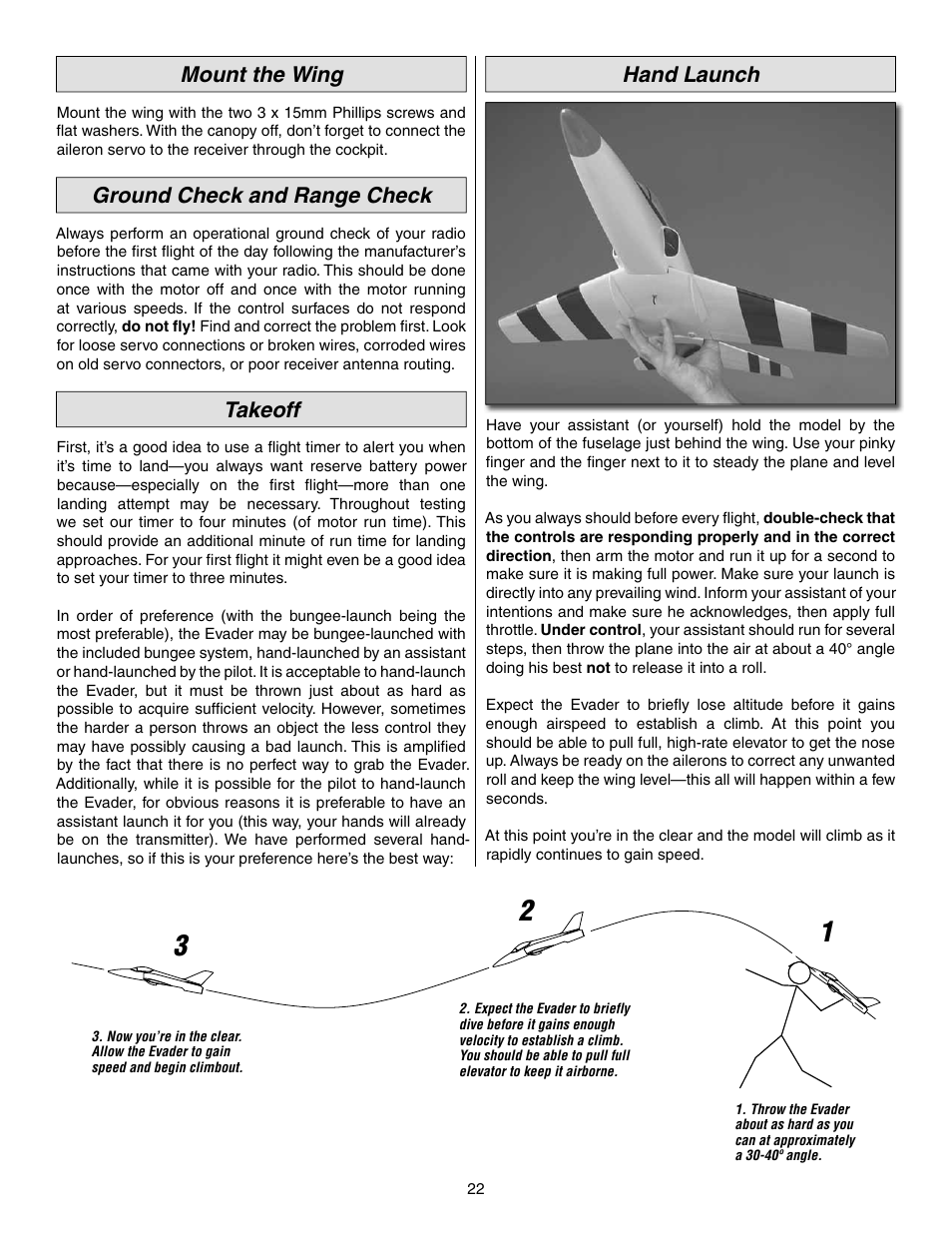 Mount the wing, Ground check and range check, Takeoff | Hand launch | Great Planes Evader EDF Sport Jet EP ARF - GPMA1800 User Manual | Page 22 / 24