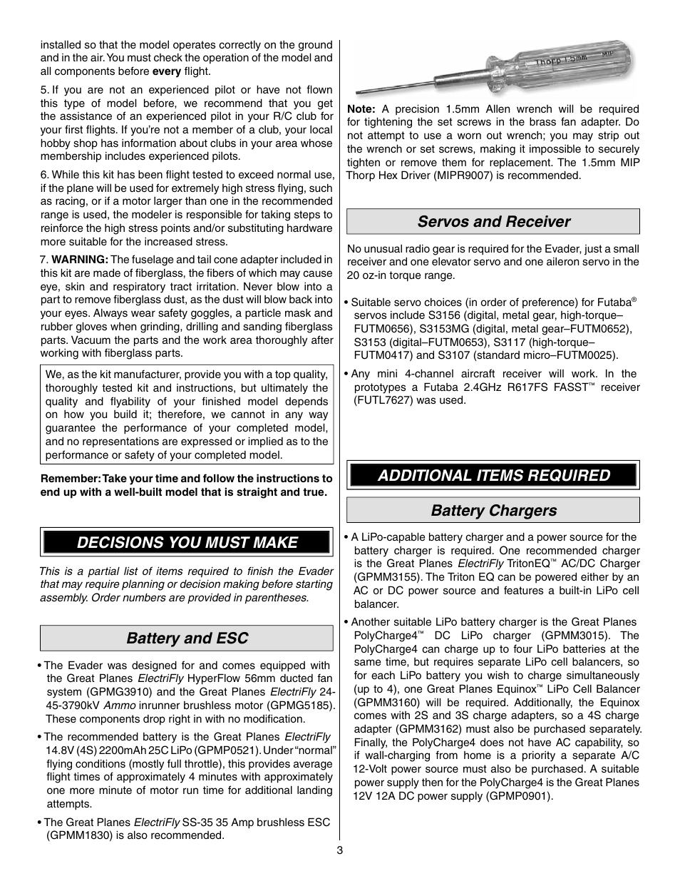 Decisions you must make, Battery and esc, Servos and receiver | Additional items required battery chargers | Great Planes Evader EDF Sport Jet EP ARF - GPMA1800 User Manual | Page 3 / 24