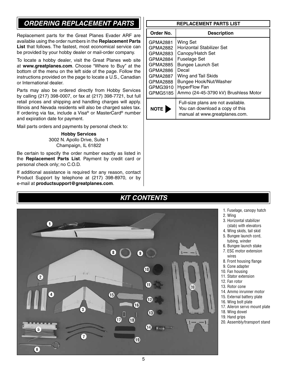Kit contents, Ordering replacement parts | Great Planes Evader EDF Sport Jet EP ARF - GPMA1800 User Manual | Page 5 / 24