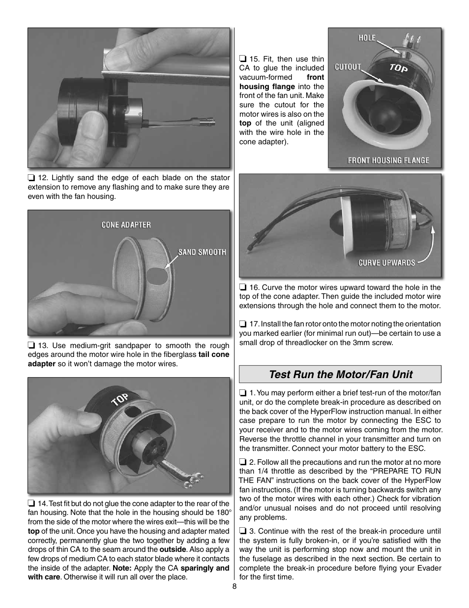 Test run the motor/fan unit | Great Planes Evader EDF Sport Jet EP ARF - GPMA1800 User Manual | Page 8 / 24