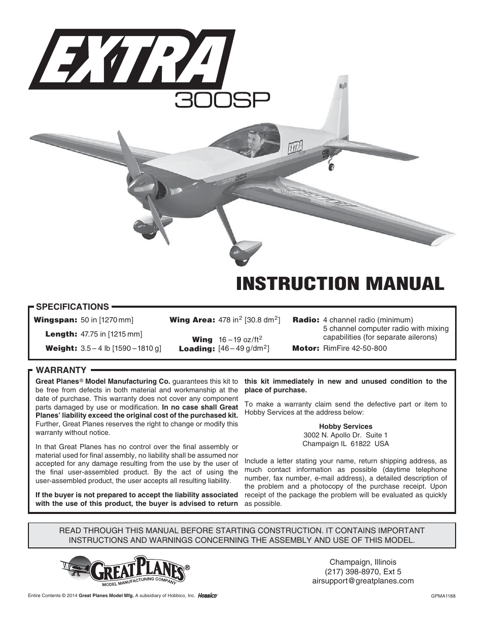 Great Planes Extra 300SP EP ARF - GPMA1188 User Manual | 24 pages