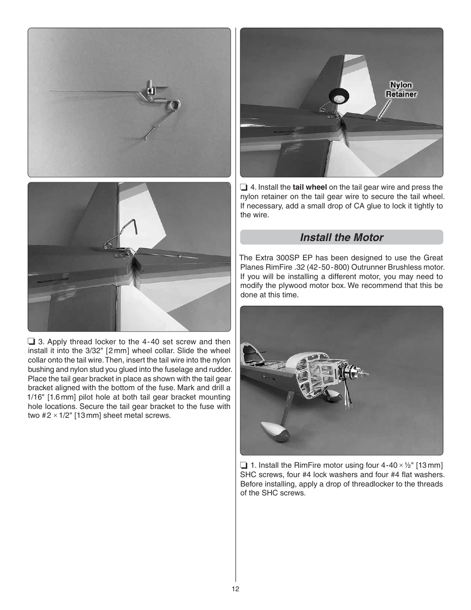 Install the motor | Great Planes Extra 300SP EP ARF - GPMA1188 User Manual | Page 12 / 24