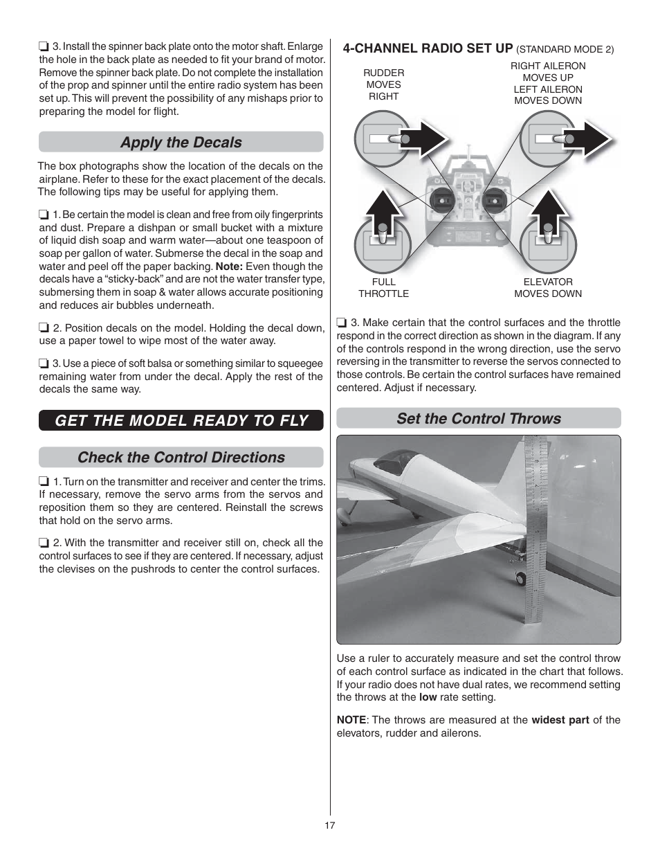 Apply the decals, Set the control throws | Great Planes Extra 300SP EP ARF - GPMA1188 User Manual | Page 17 / 24