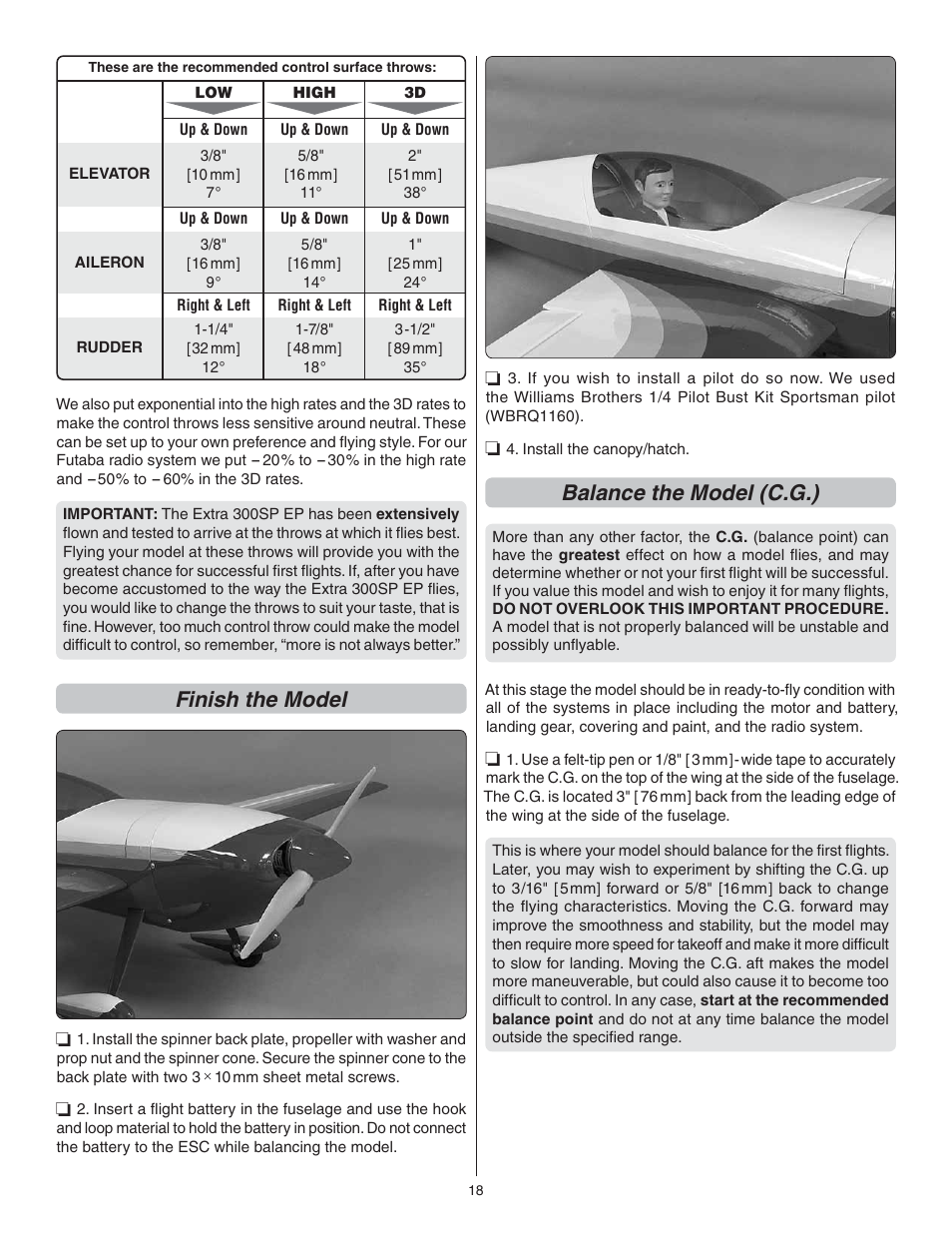 Finish the model, Balance the model (c.g.) | Great Planes Extra 300SP EP ARF - GPMA1188 User Manual | Page 18 / 24