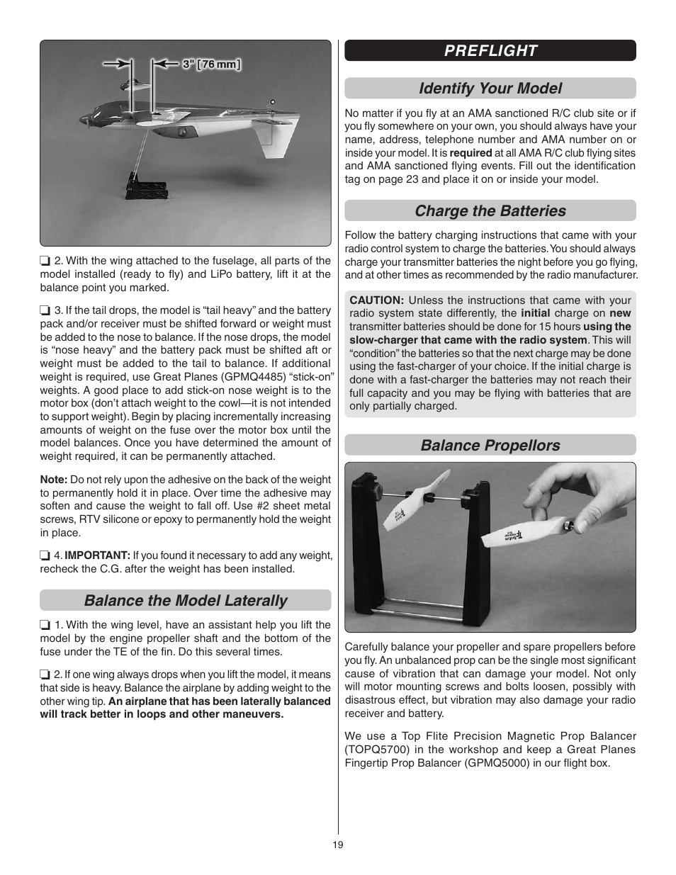 Balance the model laterally, Preflight identify your model, Charge the batteries | Balance propellors | Great Planes Extra 300SP EP ARF - GPMA1188 User Manual | Page 19 / 24