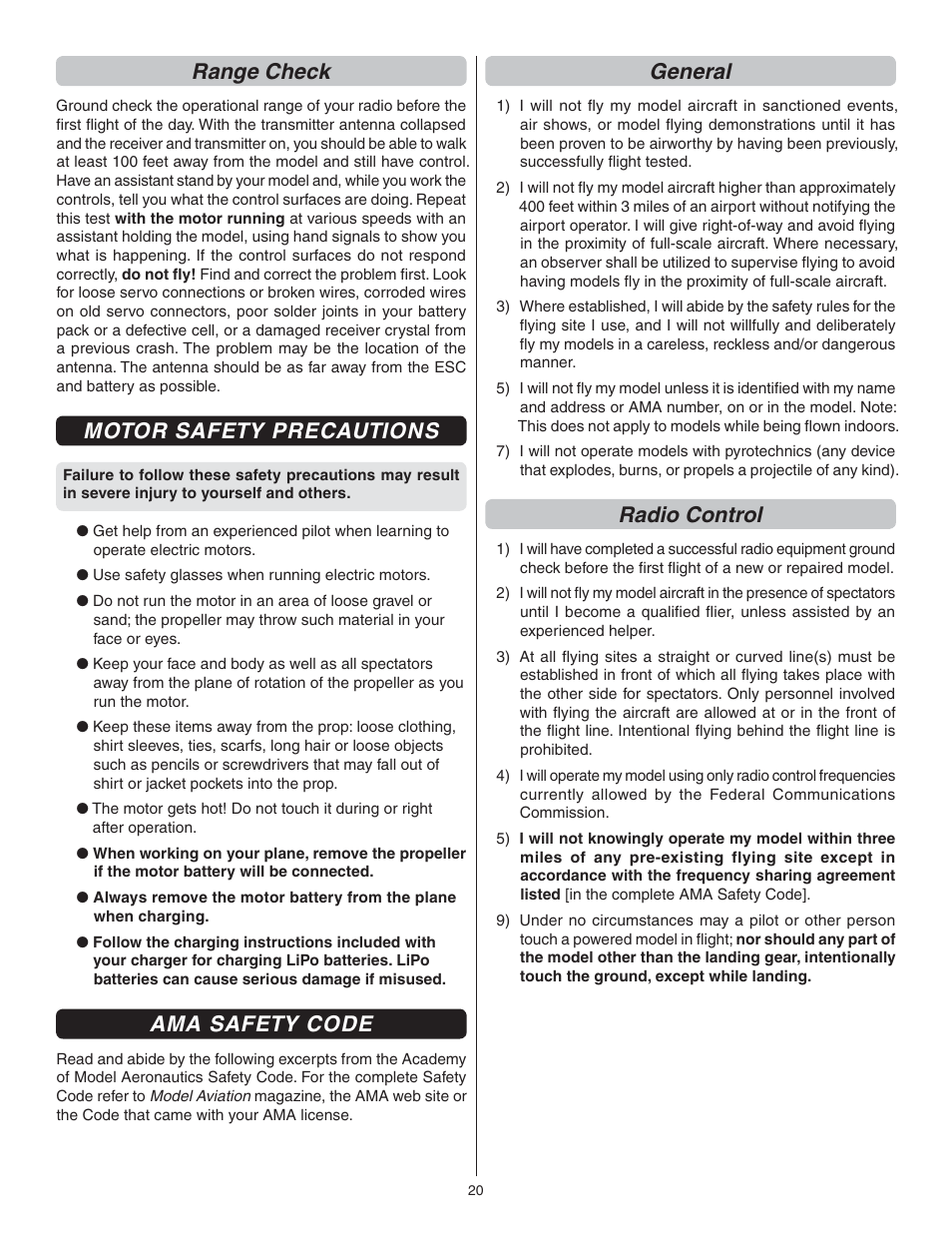 Range check, Motor safety precautions, Ama safety code | General, Radio control | Great Planes Extra 300SP EP ARF - GPMA1188 User Manual | Page 20 / 24