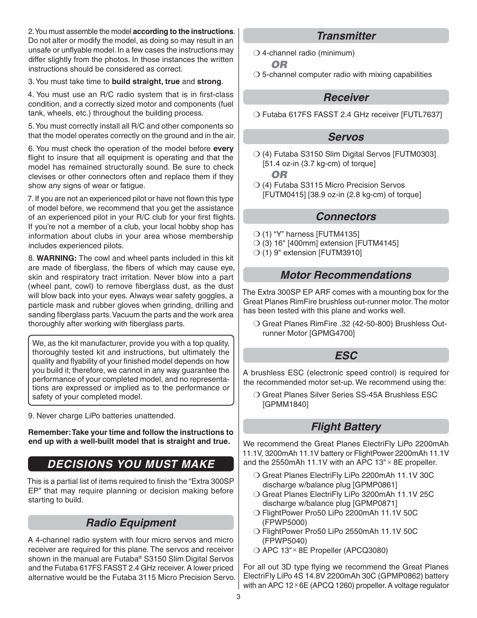 Decisions you must make, Radio equipment, Transmitter | Receiver, Servos, Connectors, Motor recommendations, Flight battery | Great Planes Extra 300SP EP ARF - GPMA1188 User Manual | Page 3 / 24