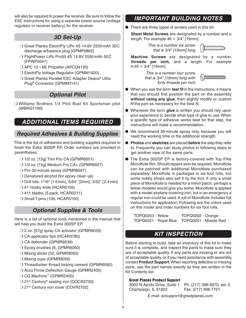 3d set-up, Optional pilot, Optional supplies & tools | Kit inspection | Great Planes Extra 300SP EP ARF - GPMA1188 User Manual | Page 4 / 24