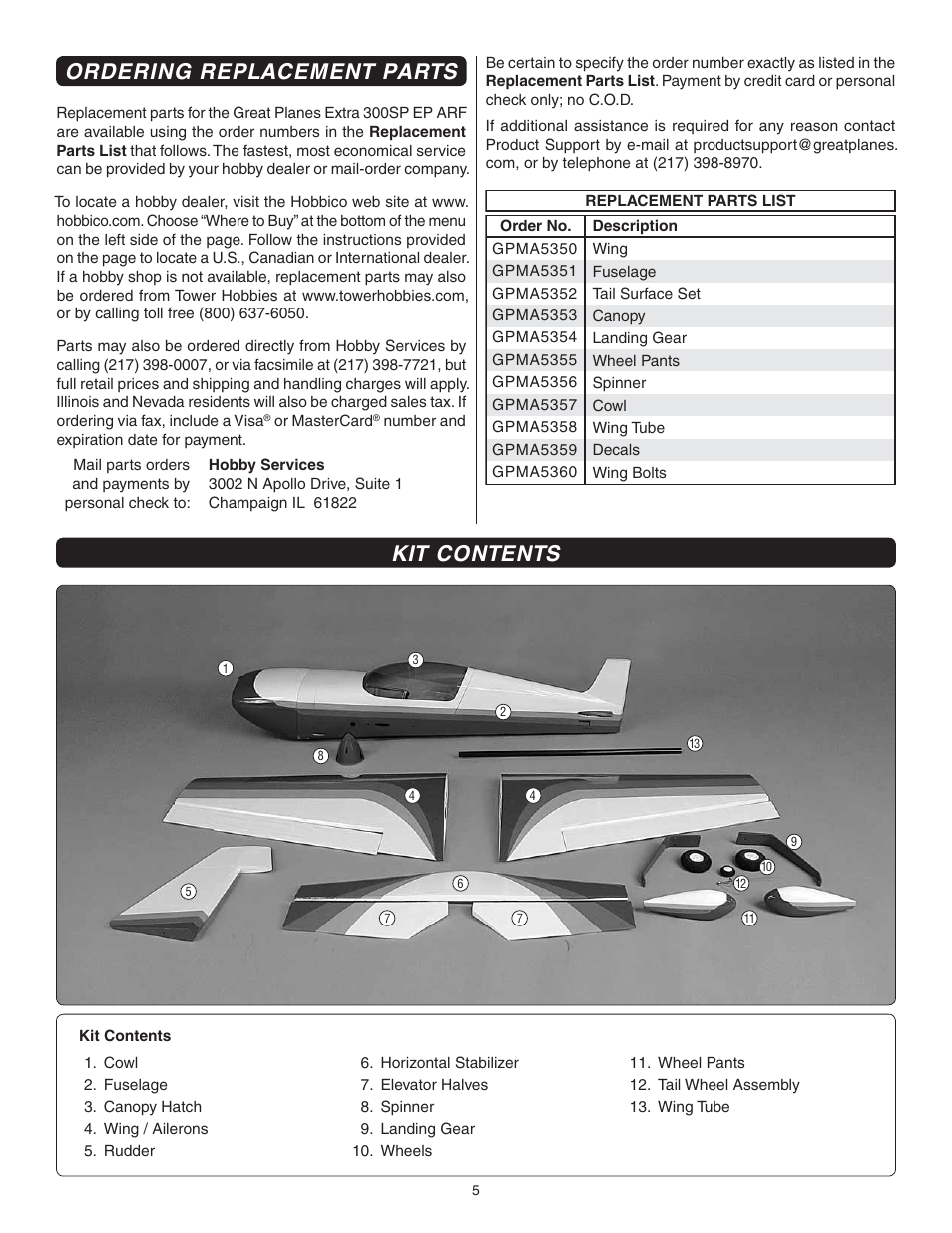 Ordering replacement parts, Kit contents | Great Planes Extra 300SP EP ARF - GPMA1188 User Manual | Page 5 / 24