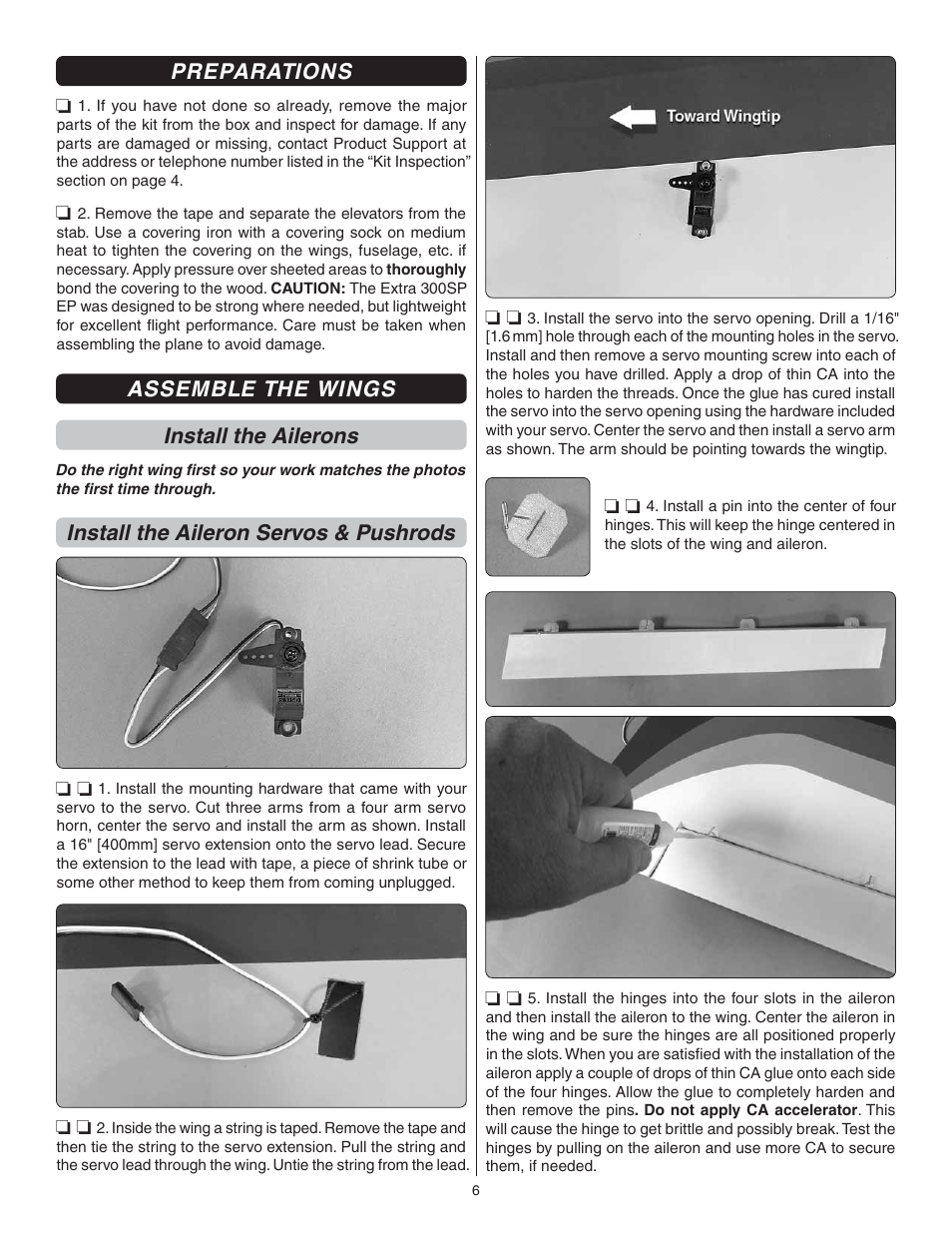 Preparations, Assemble the wings install the ailerons, Install the aileron servos & pushrods | Great Planes Extra 300SP EP ARF - GPMA1188 User Manual | Page 6 / 24