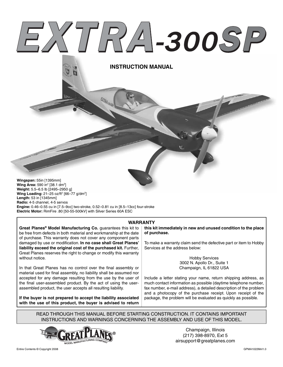 Great Planes Extra 300SP Performance Series ARF - GPMA1022 User Manual | 28 pages