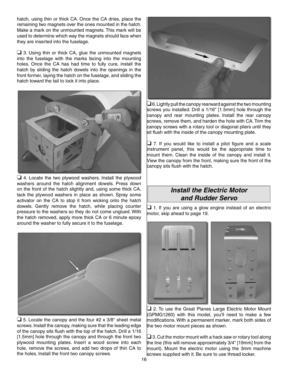 Install the electric motor and rudder servo | Great Planes Extra 300SP Performance Series ARF - GPMA1022 User Manual | Page 16 / 28