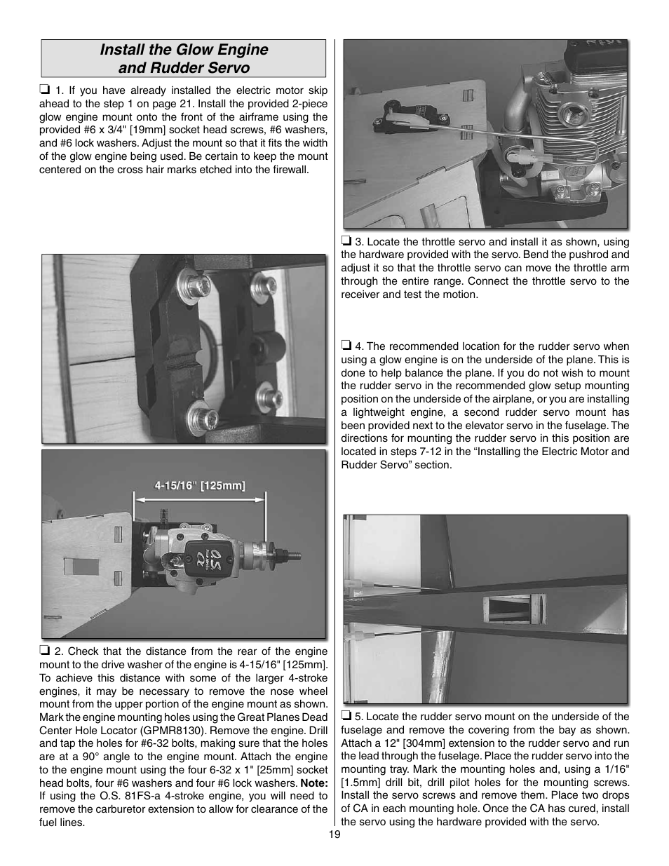 Install the glow engine and rudder servo | Great Planes Extra 300SP Performance Series ARF - GPMA1022 User Manual | Page 19 / 28