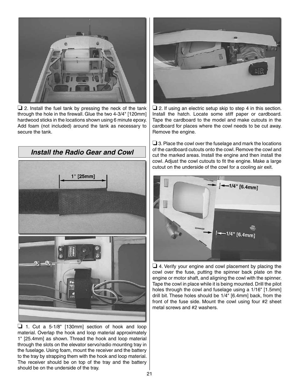 Install the radio gear and cowl | Great Planes Extra 300SP Performance Series ARF - GPMA1022 User Manual | Page 21 / 28