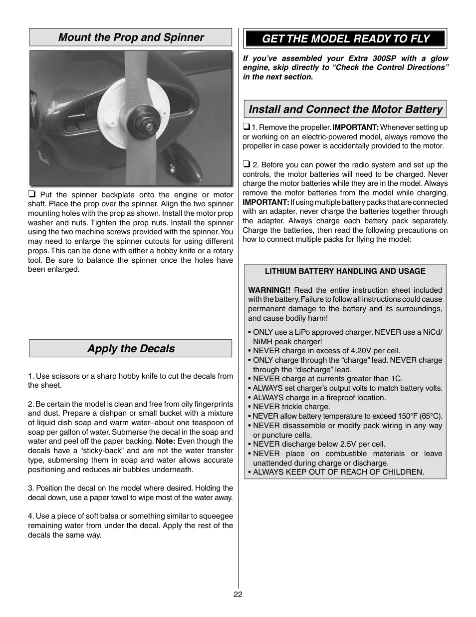 Mount the prop and spinner, Apply the decals, Get the model ready to fly | Install and connect the motor battery | Great Planes Extra 300SP Performance Series ARF - GPMA1022 User Manual | Page 22 / 28