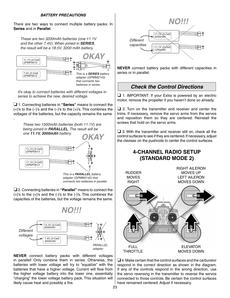 Okay, Check the control directions, Channel radio setup (standard mode 2) | Great Planes Extra 300SP Performance Series ARF - GPMA1022 User Manual | Page 23 / 28