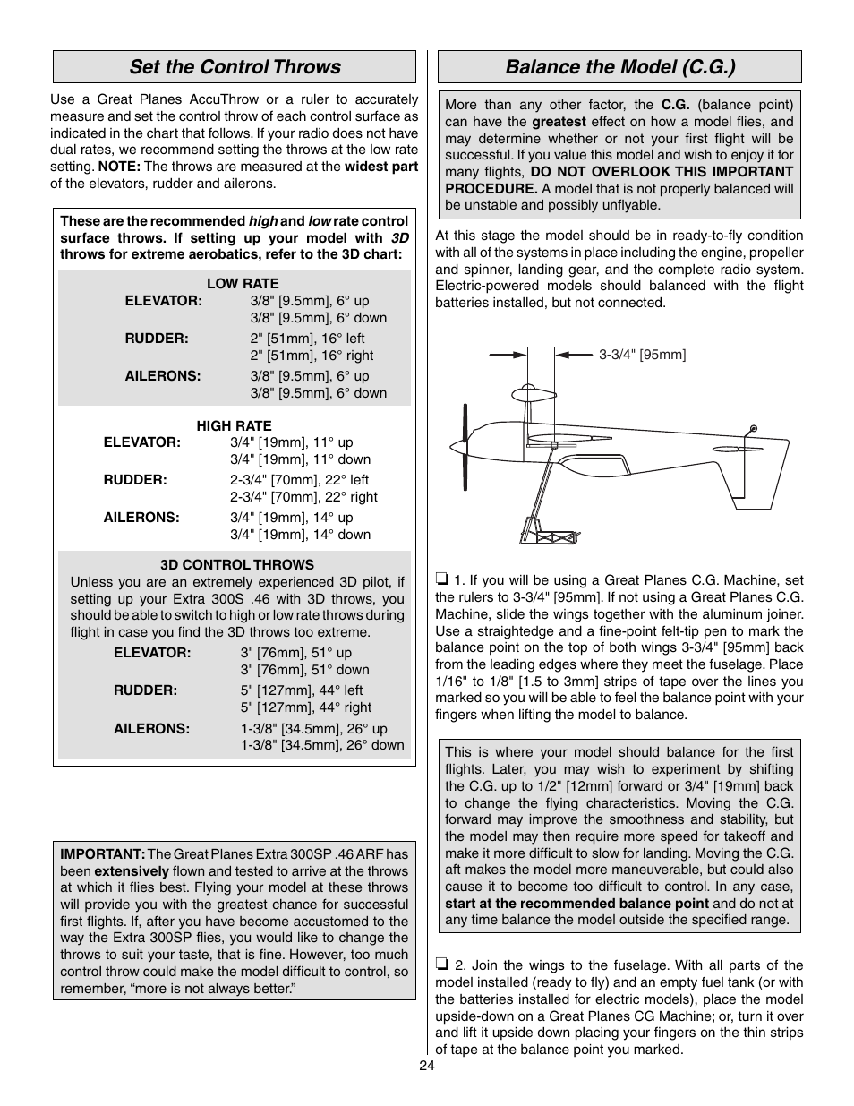 Set the control throws, Balance the model (c.g.) | Great Planes Extra 300SP Performance Series ARF - GPMA1022 User Manual | Page 24 / 28