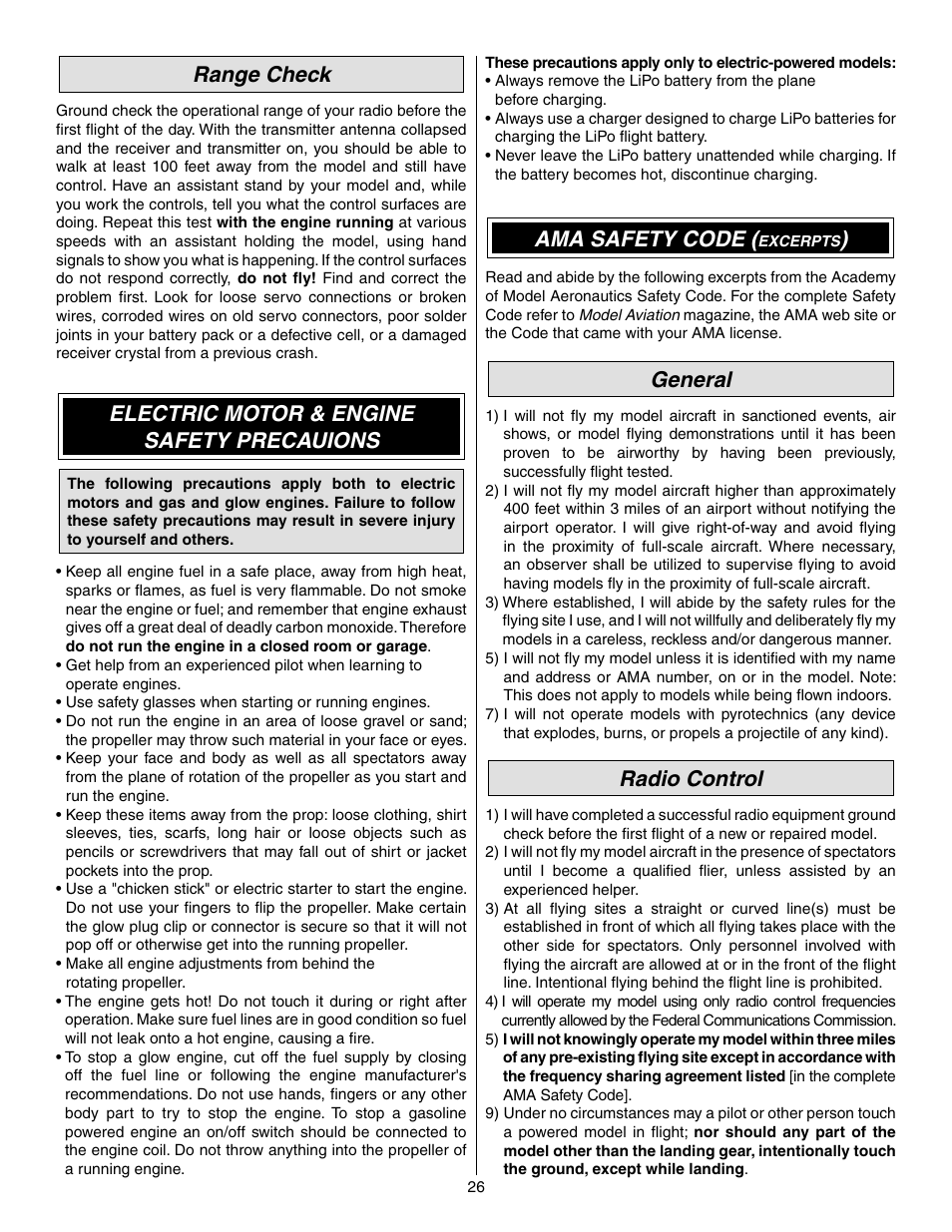 Range check, Electric motor & engine safety precauions, Ama safety code | General, Radio control | Great Planes Extra 300SP Performance Series ARF - GPMA1022 User Manual | Page 26 / 28