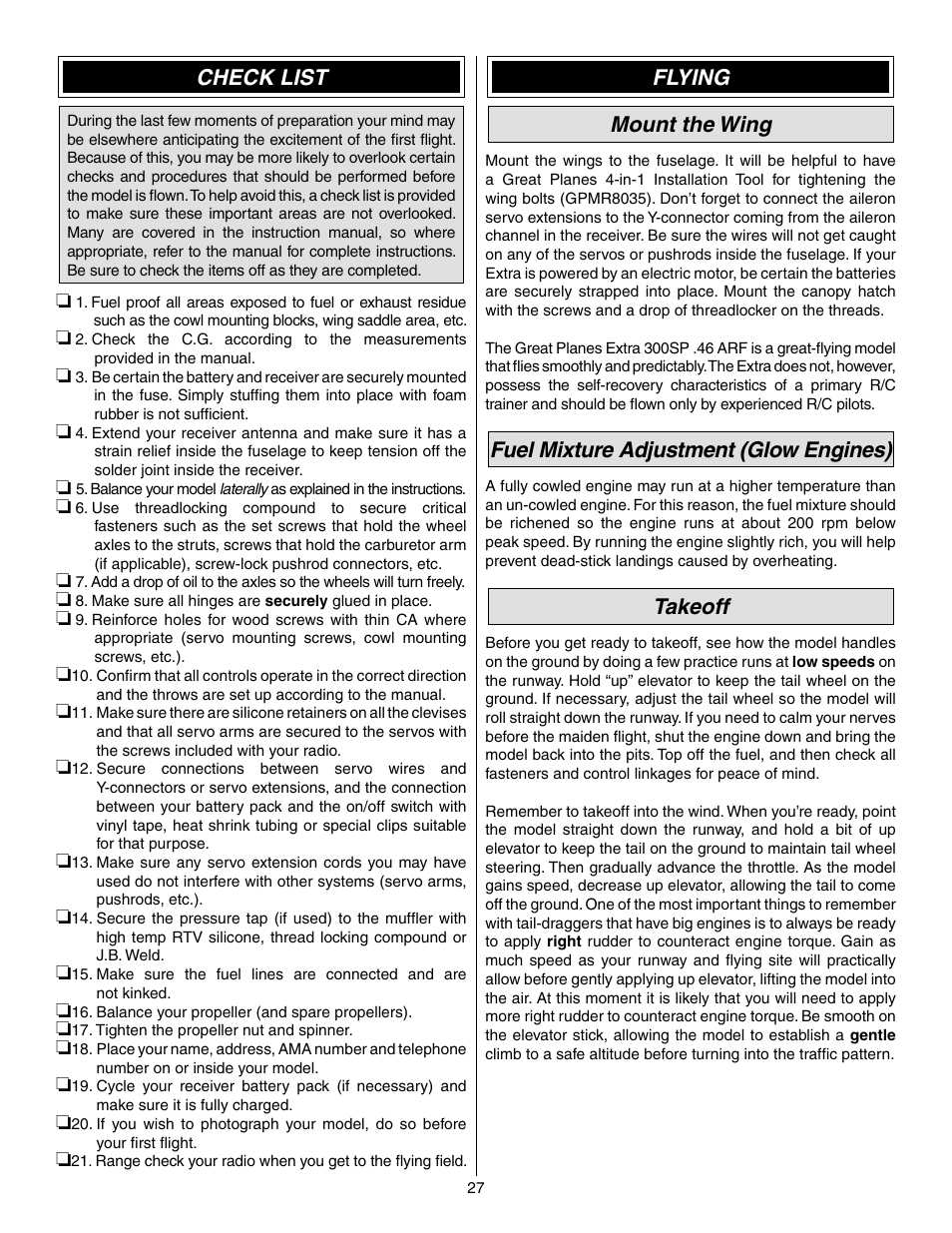 Check list, Flying mount the wing, Fuel mixture adjustment (glow engines) | Takeoff | Great Planes Extra 300SP Performance Series ARF - GPMA1022 User Manual | Page 27 / 28
