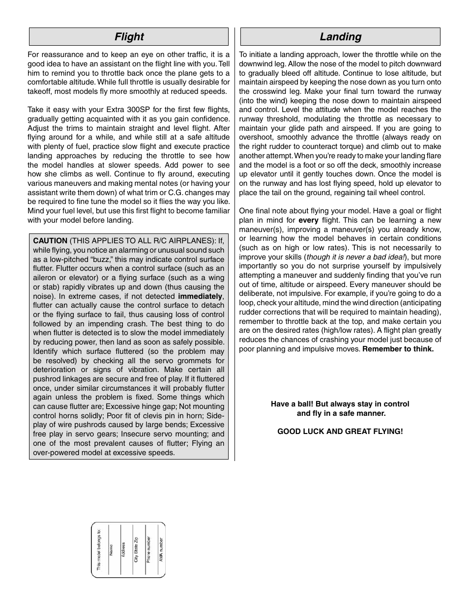 Flight, Landing | Great Planes Extra 300SP Performance Series ARF - GPMA1022 User Manual | Page 28 / 28