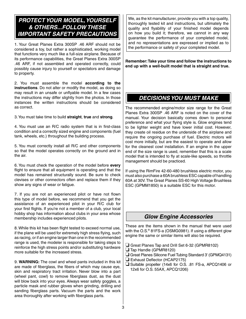 Decisions you must make, Glow engine accessories | Great Planes Extra 300SP Performance Series ARF - GPMA1022 User Manual | Page 3 / 28