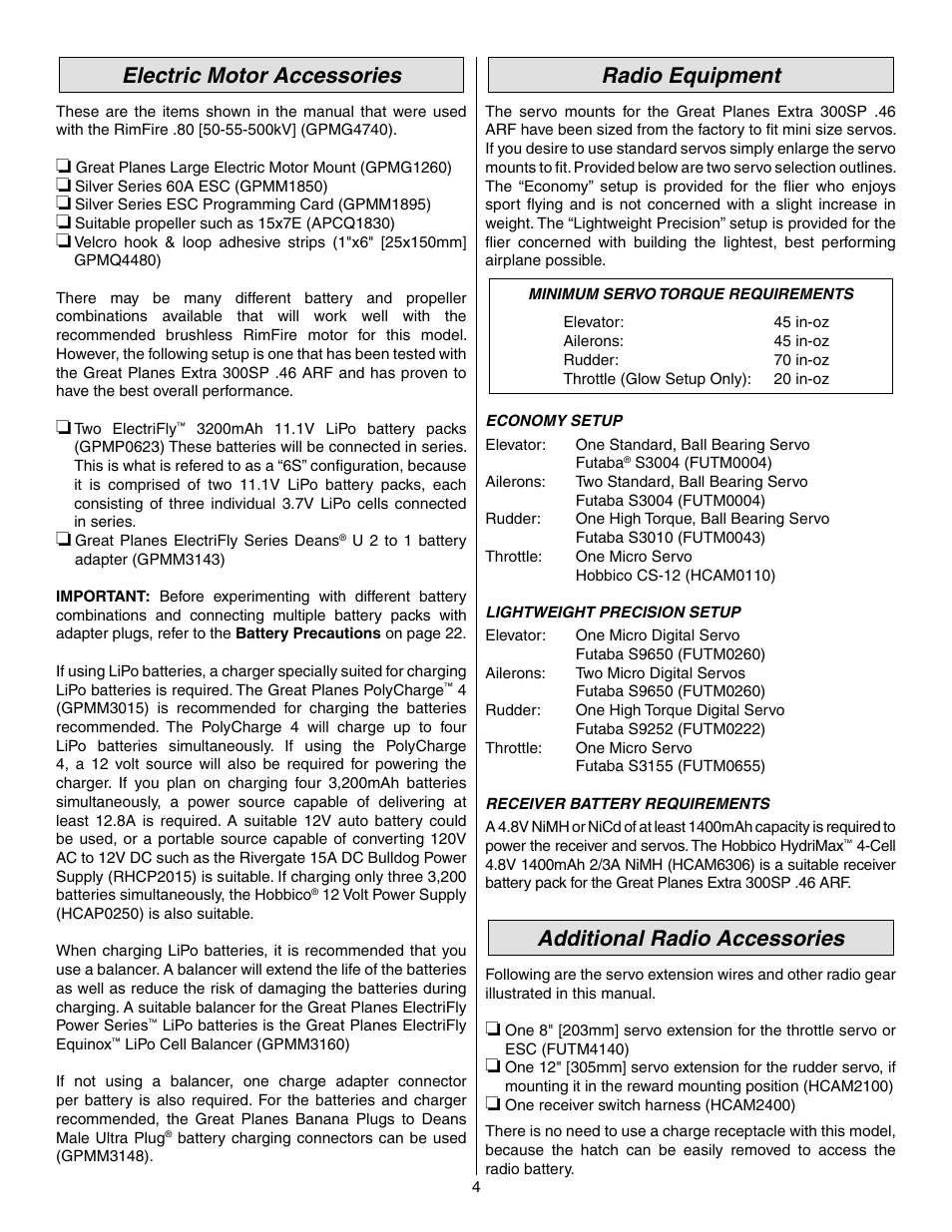 Electric motor accessories, Radio equipment, Additional radio accessories | Great Planes Extra 300SP Performance Series ARF - GPMA1022 User Manual | Page 4 / 28