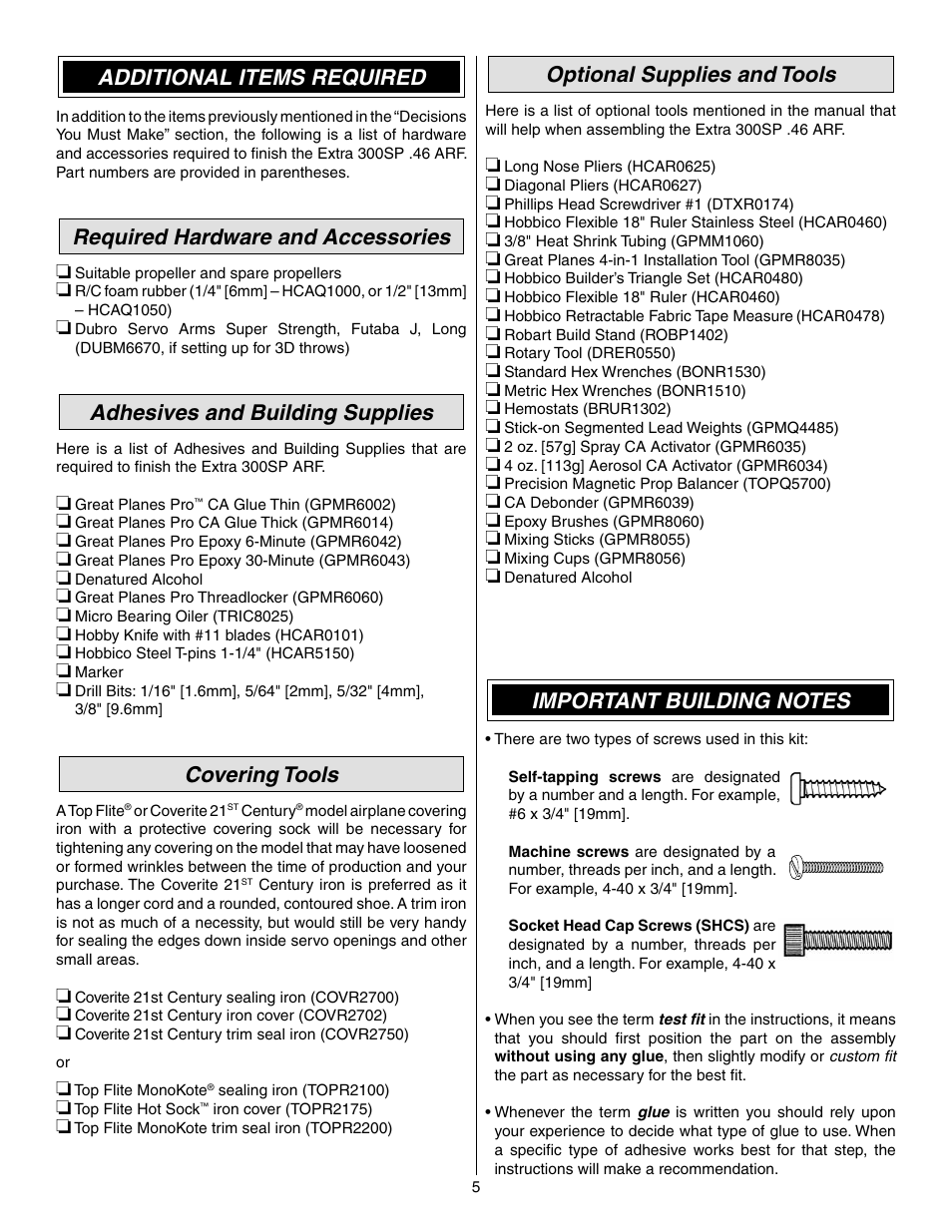 Additional items required, Required hardware and accessories, Adhesives and building supplies | Covering tools, Optional supplies and tools | Great Planes Extra 300SP Performance Series ARF - GPMA1022 User Manual | Page 5 / 28