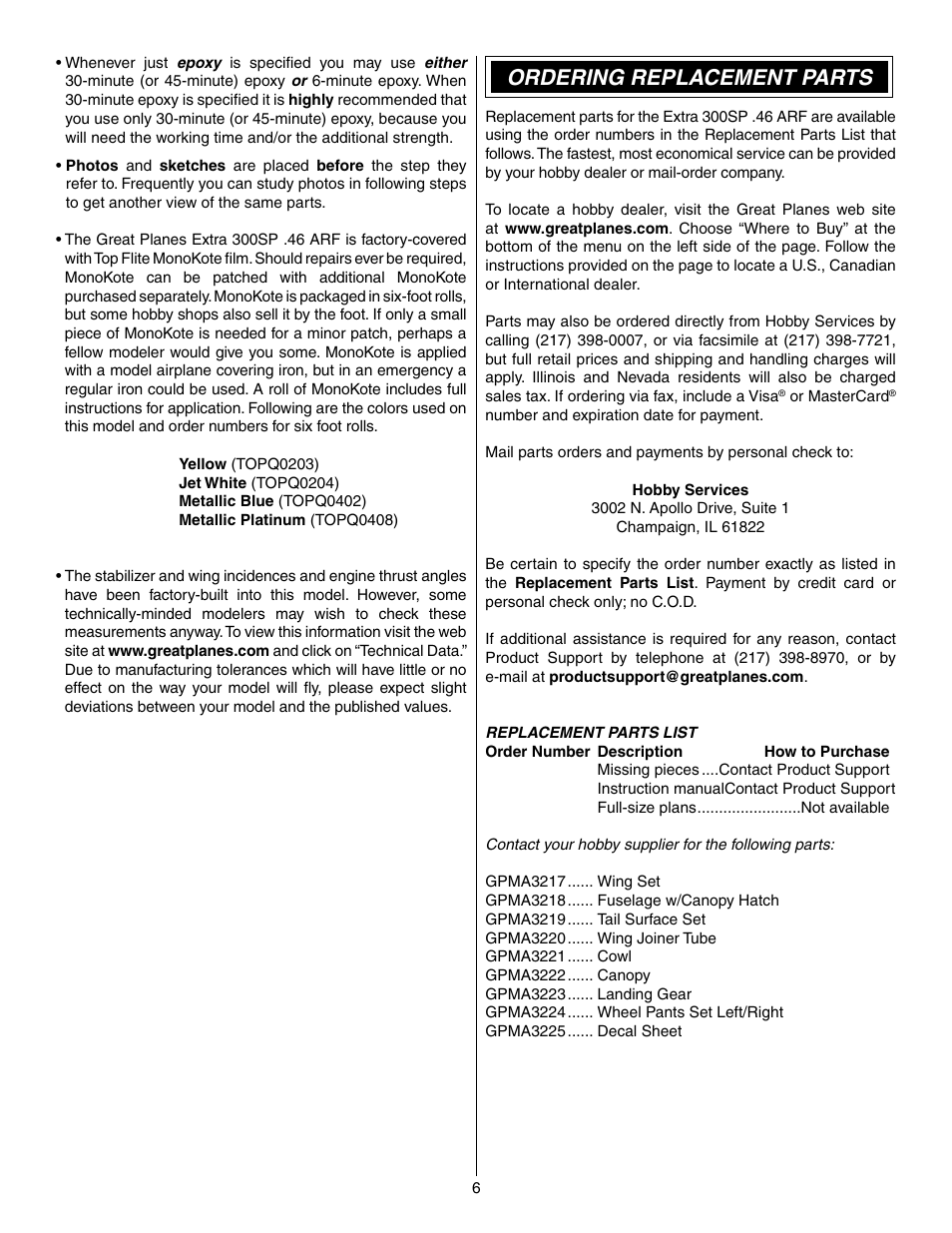 Ordering replacement parts | Great Planes Extra 300SP Performance Series ARF - GPMA1022 User Manual | Page 6 / 28