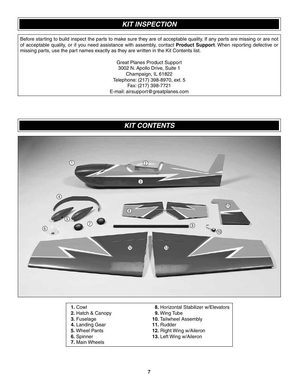 Kit inspection, Kit contents | Great Planes Extra 300SP Performance Series ARF - GPMA1022 User Manual | Page 7 / 28