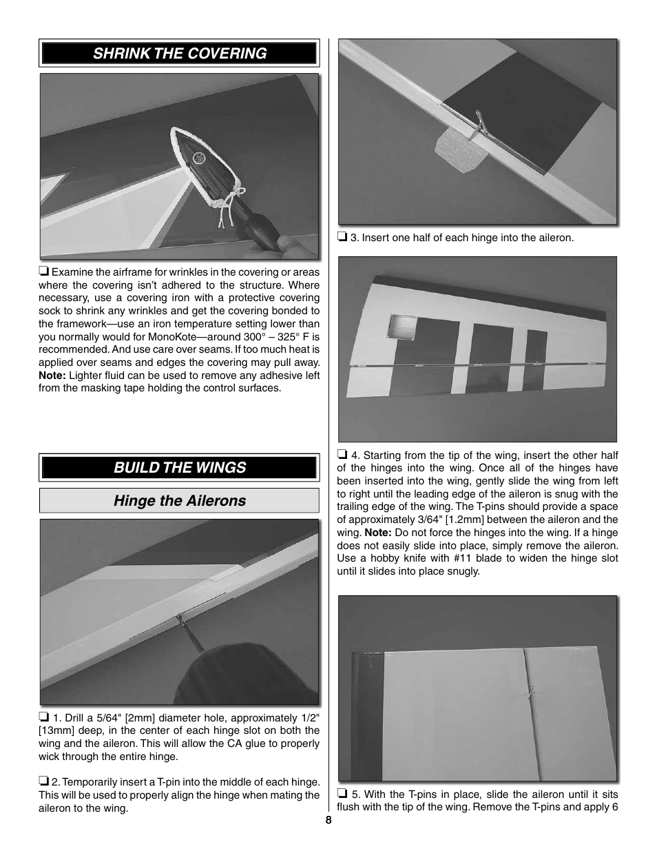 Shrink the covering, Build the wings hinge the ailerons | Great Planes Extra 300SP Performance Series ARF - GPMA1022 User Manual | Page 8 / 28