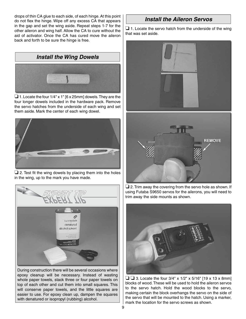 Install the wing dowels, Install the aileron servos | Great Planes Extra 300SP Performance Series ARF - GPMA1022 User Manual | Page 9 / 28