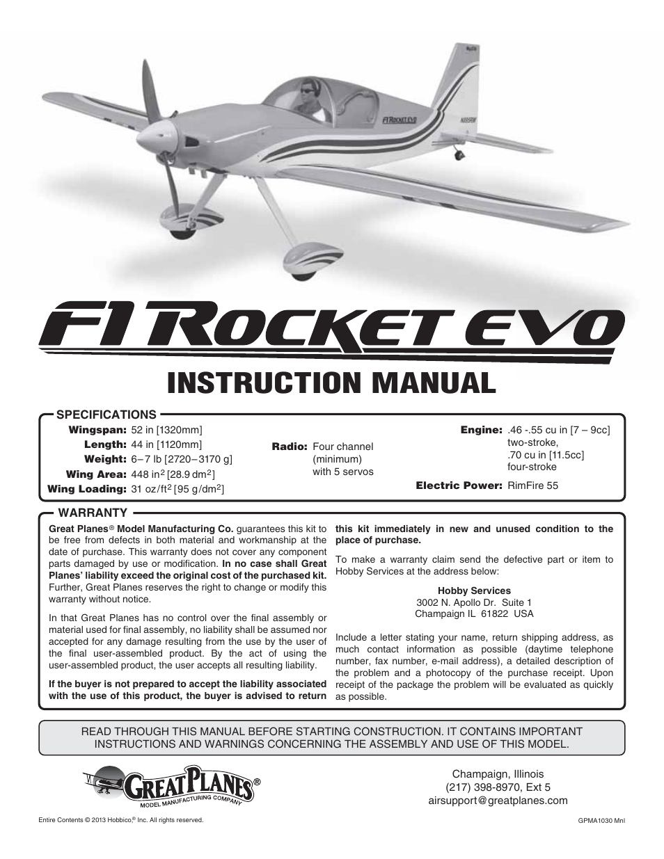 Great Planes F1 Rocket Evo GP/EP ARF - GPMA1030 User Manual | 28 pages