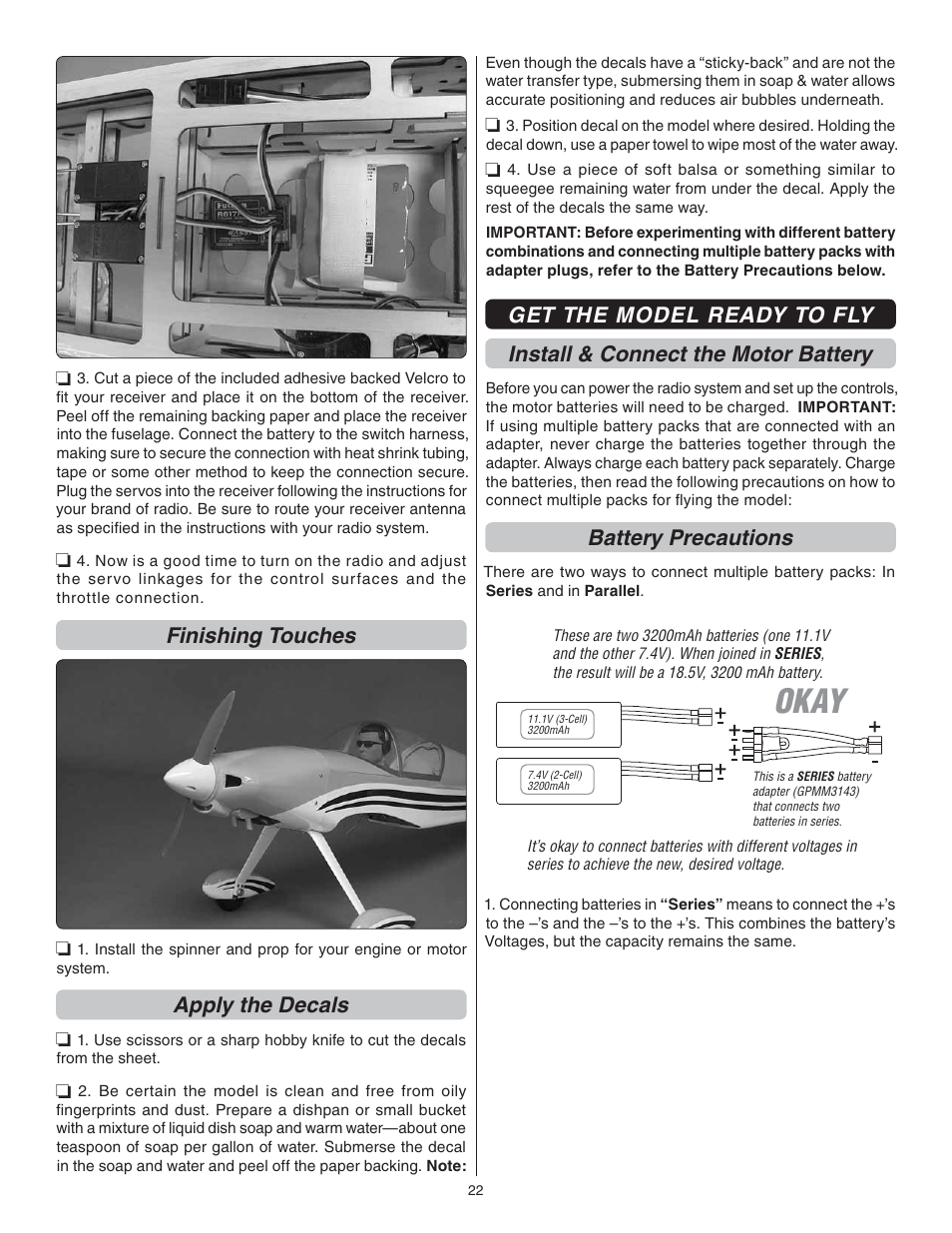 Okay, Finishing touches, Apply the decals | Battery precautions | Great Planes F1 Rocket Evo GP/EP ARF - GPMA1030 User Manual | Page 22 / 28