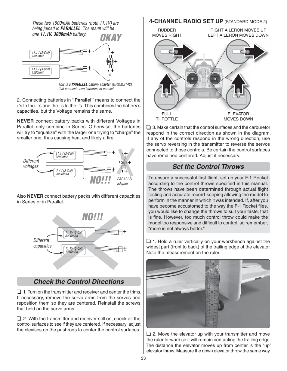 Okay, Check the control directions, Set the control throws | Great Planes F1 Rocket Evo GP/EP ARF - GPMA1030 User Manual | Page 23 / 28