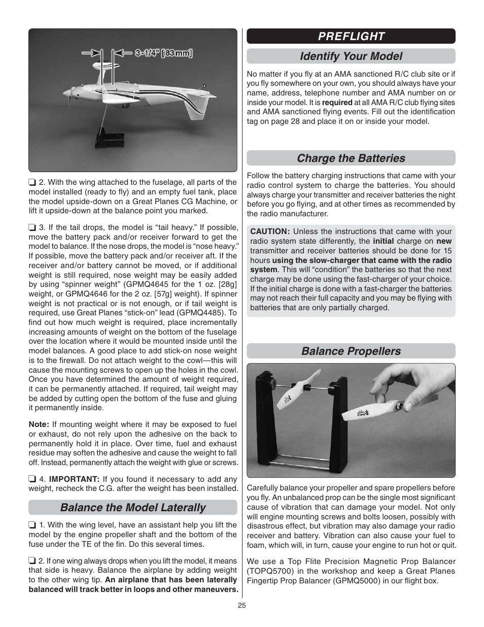 Balance the model laterally, Preflight identify your model, Charge the batteries | Balance propellers | Great Planes F1 Rocket Evo GP/EP ARF - GPMA1030 User Manual | Page 25 / 28