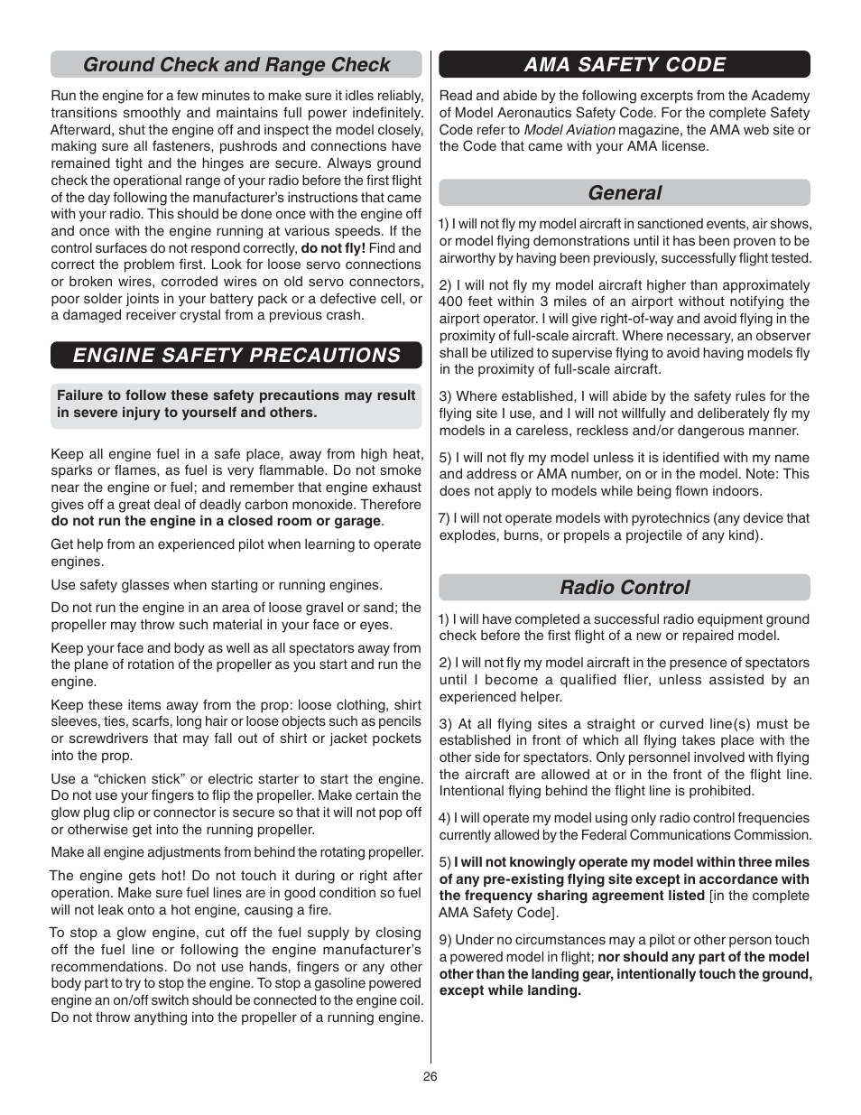Ground check and range check, Engine safety precautions, Ama safety code | General, Radio control | Great Planes F1 Rocket Evo GP/EP ARF - GPMA1030 User Manual | Page 26 / 28