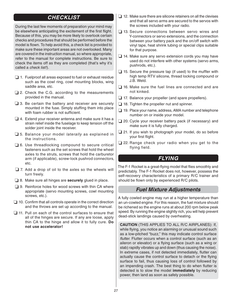 Checklist, Flying, Fuel mixture adjustments | Great Planes F1 Rocket Evo GP/EP ARF - GPMA1030 User Manual | Page 27 / 28
