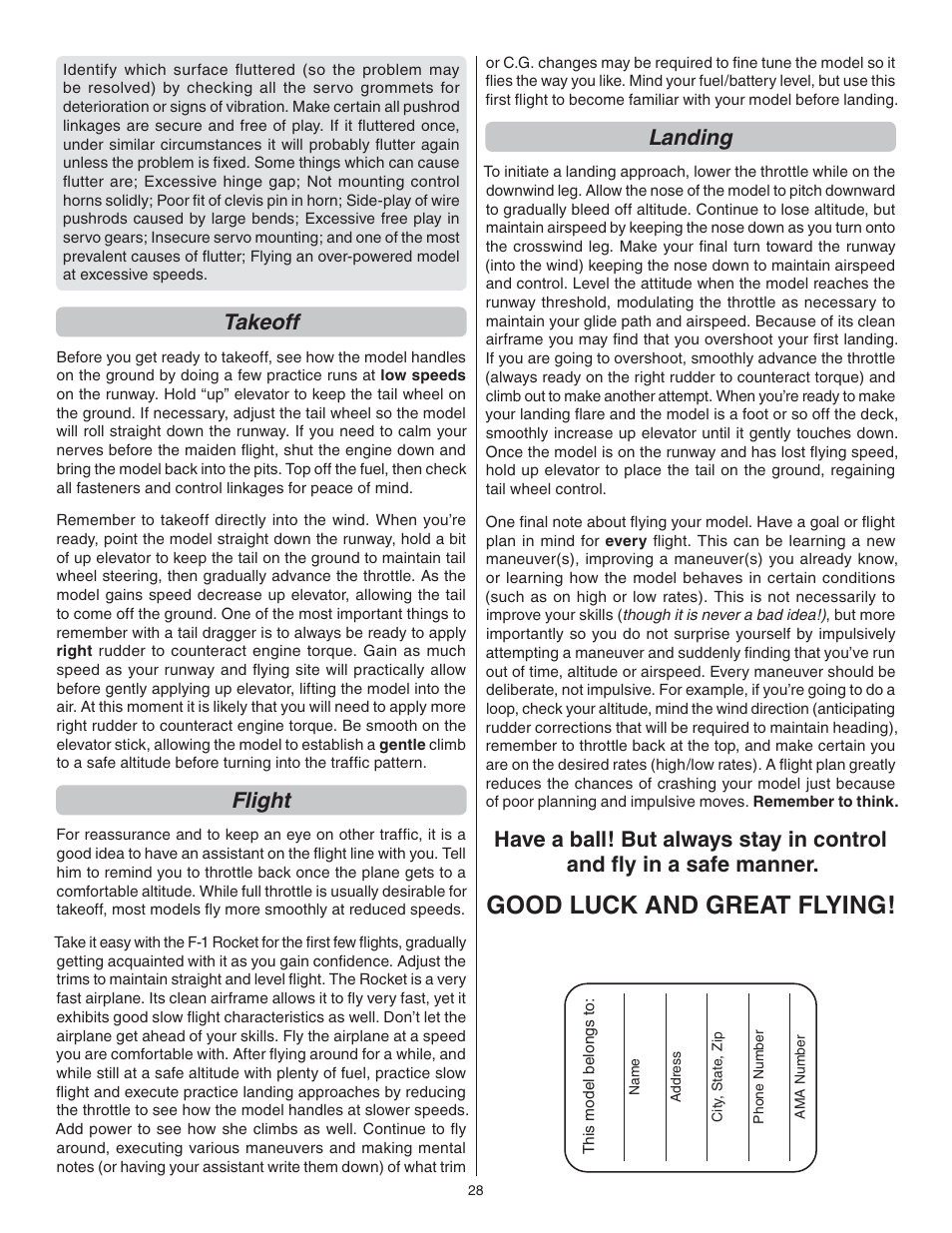Good luck and great flying, Takeoff, Flight | Landing | Great Planes F1 Rocket Evo GP/EP ARF - GPMA1030 User Manual | Page 28 / 28