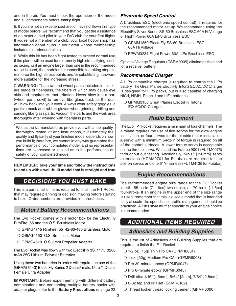 Decisions you must make, Motor / battery recommendations, Radio equipment | Engine recommendations | Great Planes F1 Rocket Evo GP/EP ARF - GPMA1030 User Manual | Page 3 / 28