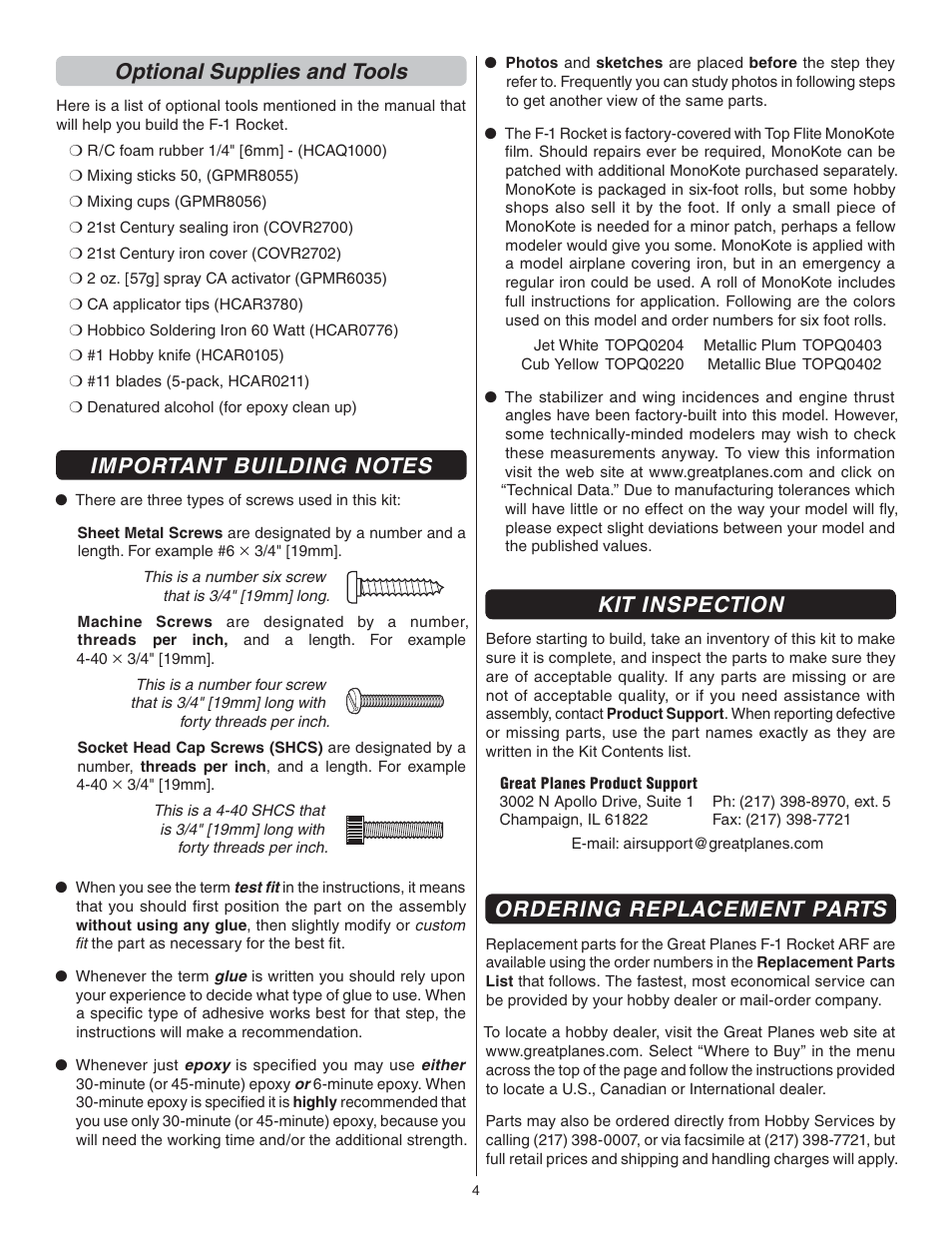 Optional supplies and tools, Kit inspection, Ordering replacement parts | Great Planes F1 Rocket Evo GP/EP ARF - GPMA1030 User Manual | Page 4 / 28