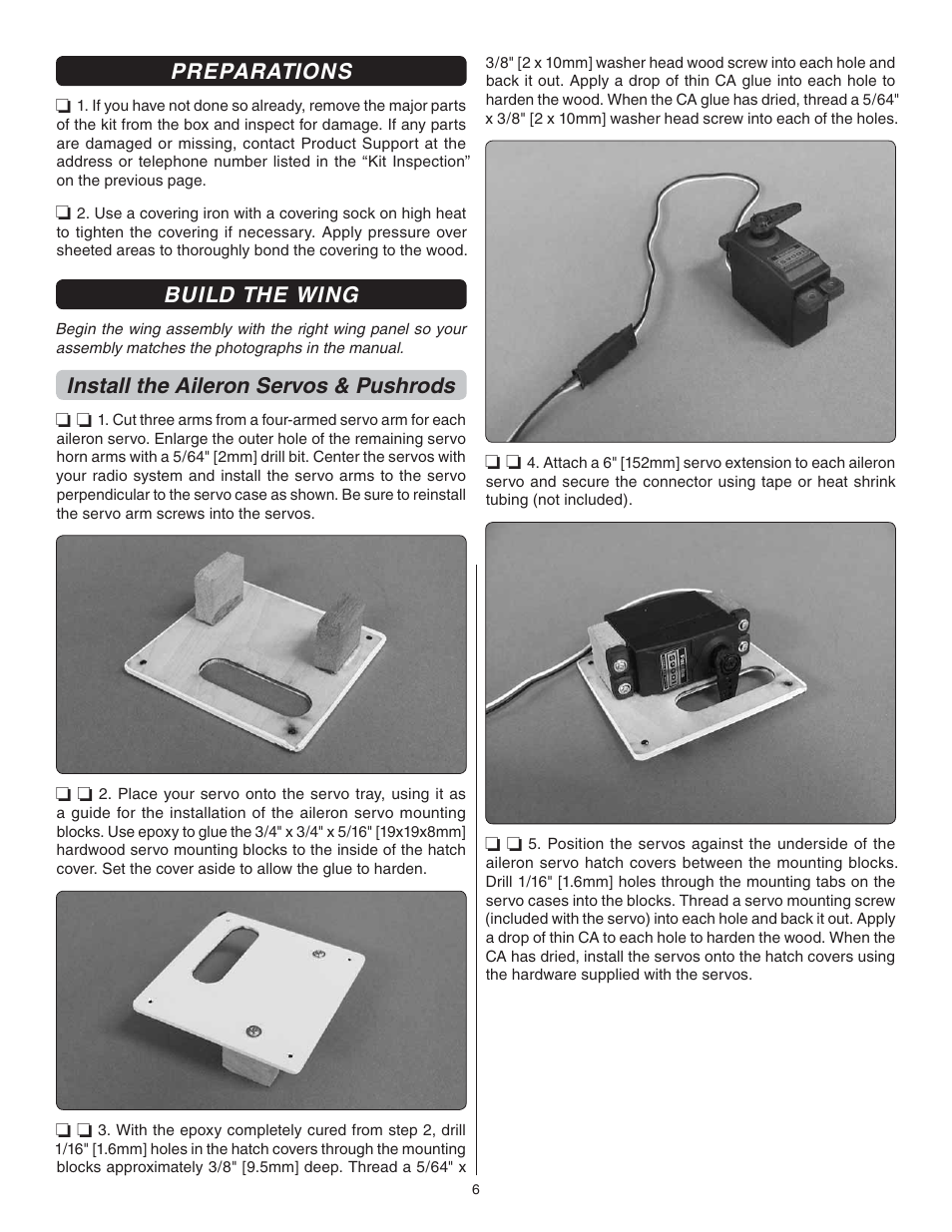 Preparations, Build the wing, Install the aileron servos & pushrods | Great Planes F1 Rocket Evo GP/EP ARF - GPMA1030 User Manual | Page 6 / 28